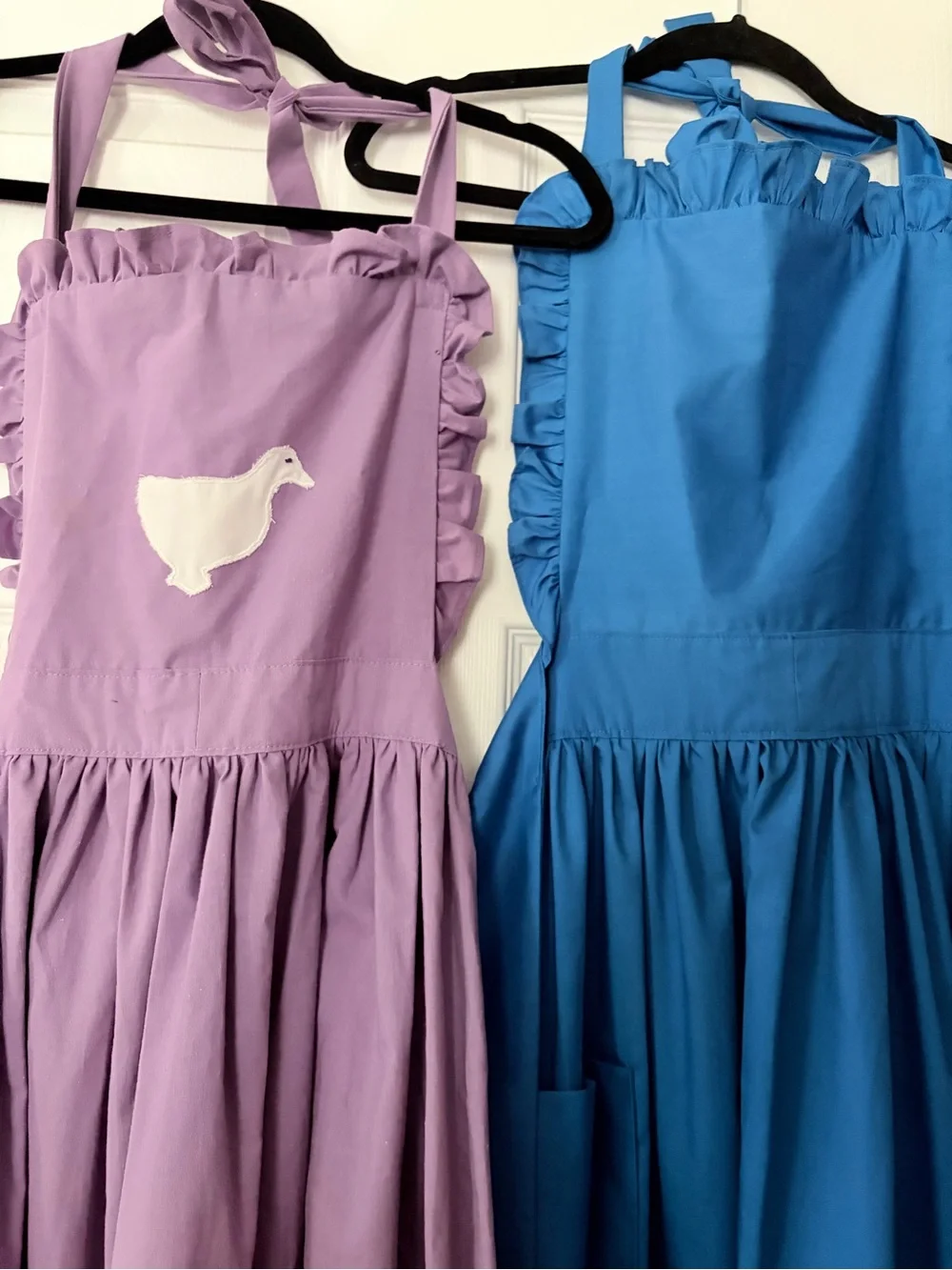 Women’s vintage Handmade Ruffled Apron with Duck Patch - Purple and Blue